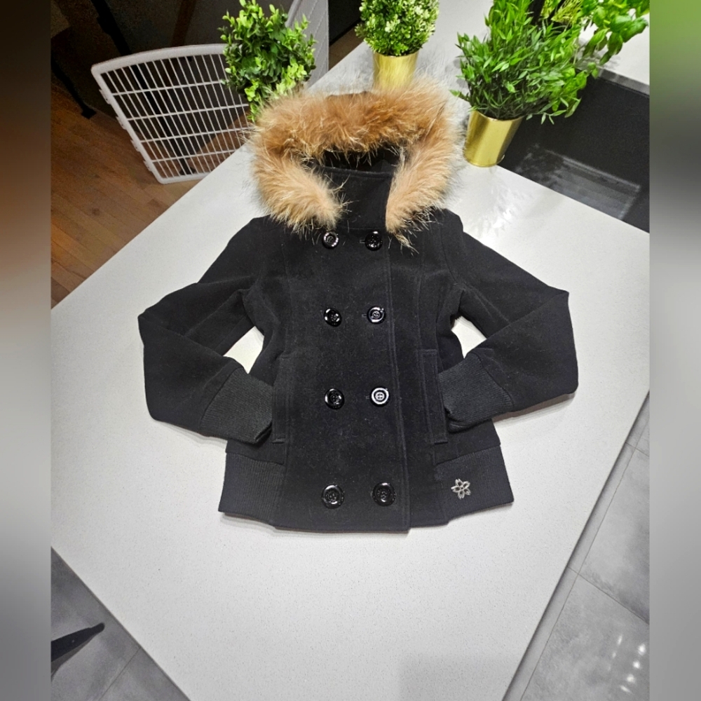 SAKURA Manteau en pure laine noire avec col en fourrure véritable